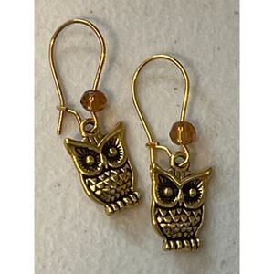 Earring With Owl Charms Dangle Gold Tone Hypoallergenic Ear Wires Amber Crystal